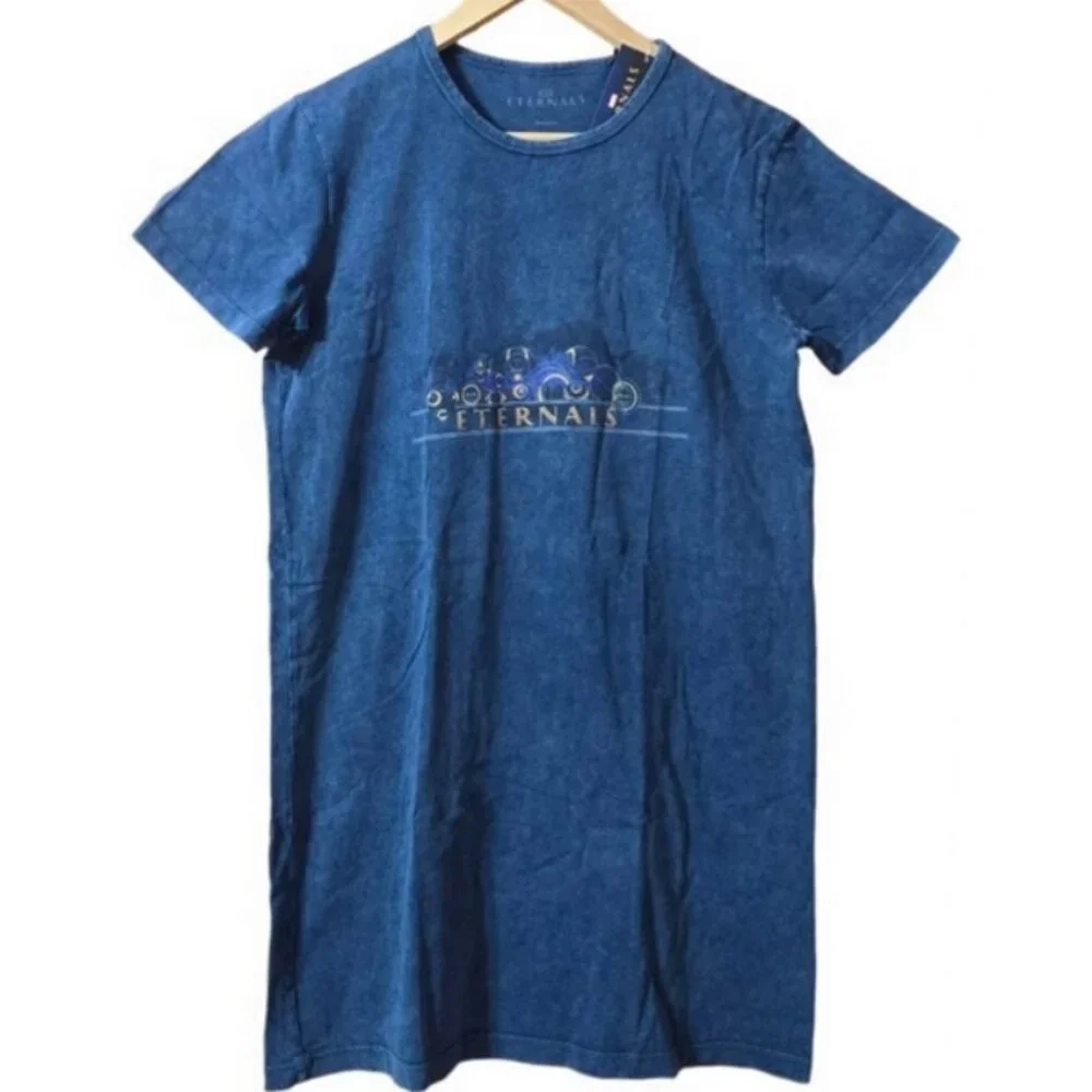 Marvel Eternals Women’s Shirt Dress Size M Blue Acid Wash 100% Cotton Distressed - Picture 2 of 5